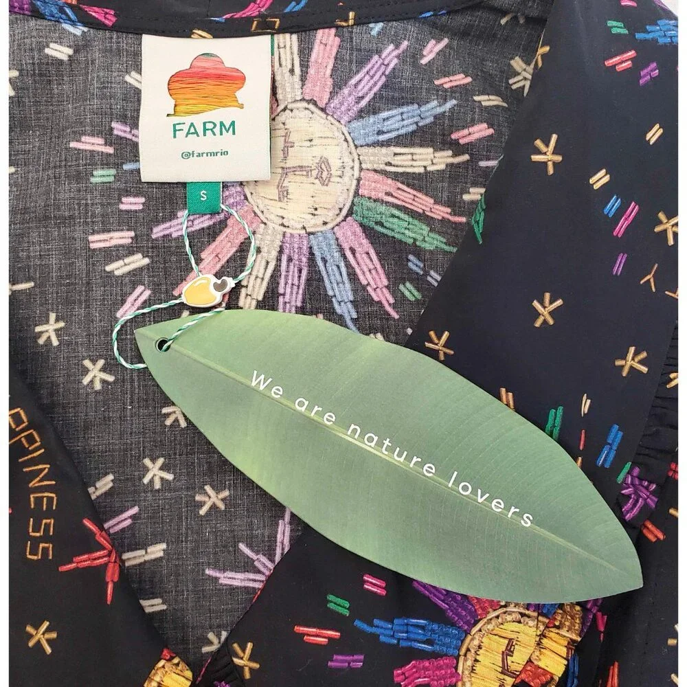 Farm Rio Womens Rainbow Suns Blouse Shirt Top Black Dress in Happiness S NWT